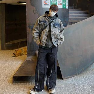 临时流放美式高街风拉链开叉工装裤男生小众设计感宽松休闲裤