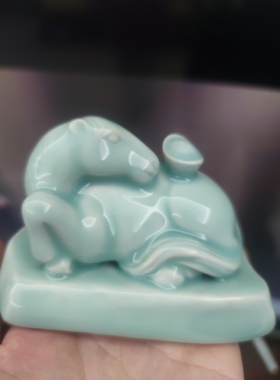 龙泉青瓷马上有钱茶宠 马年招财摆件 陶瓷 盖置茶桌装饰手把件
