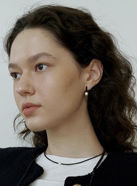 N/L 极简天然黑色水晶拼接珍珠耳钉 超闪尖晶耳饰韩国甜酷日常