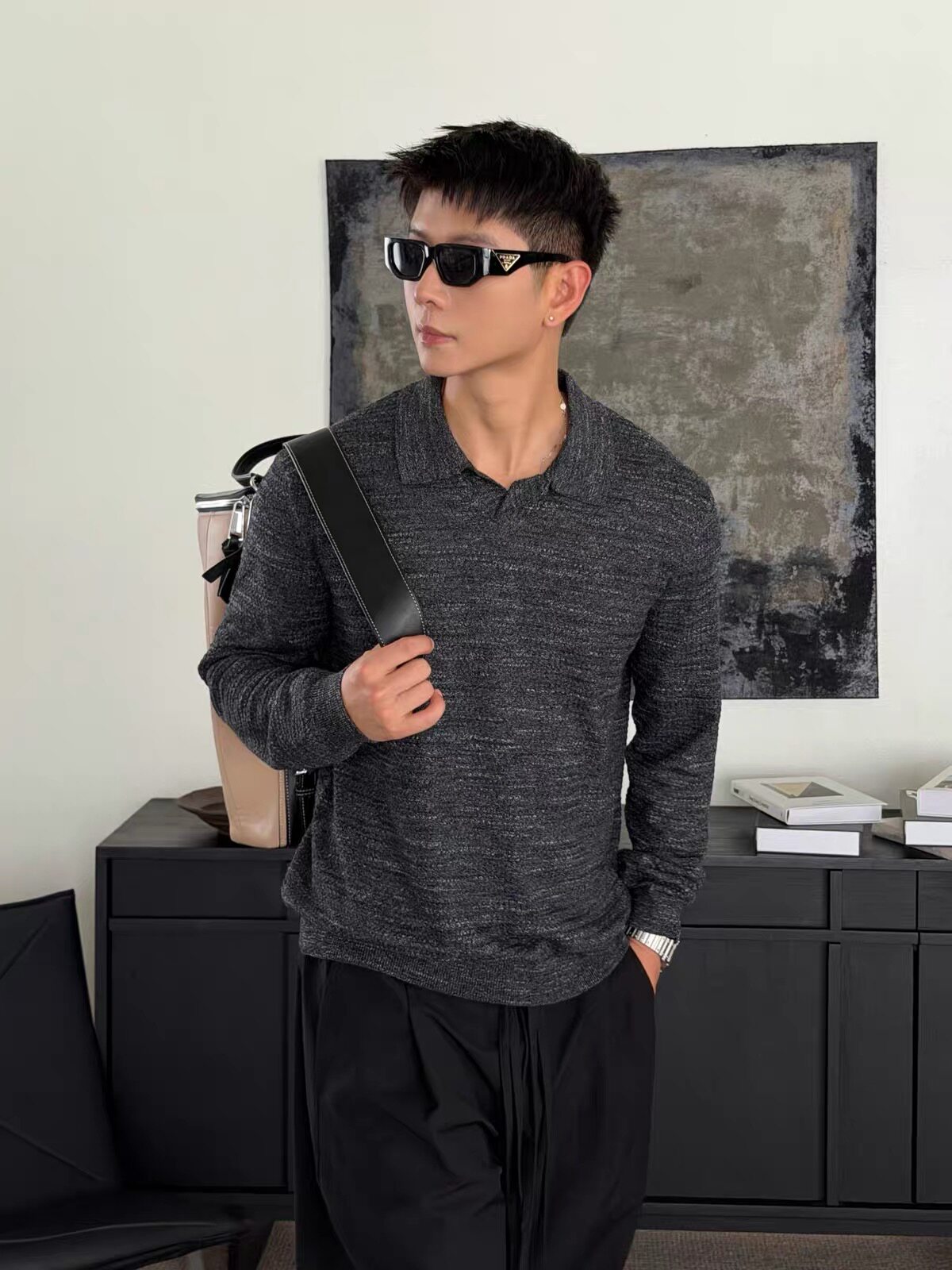 潮牌2026秋冬新品极简老钱翻领羊毛针织衫长袖T桖男休闲宽松上衣