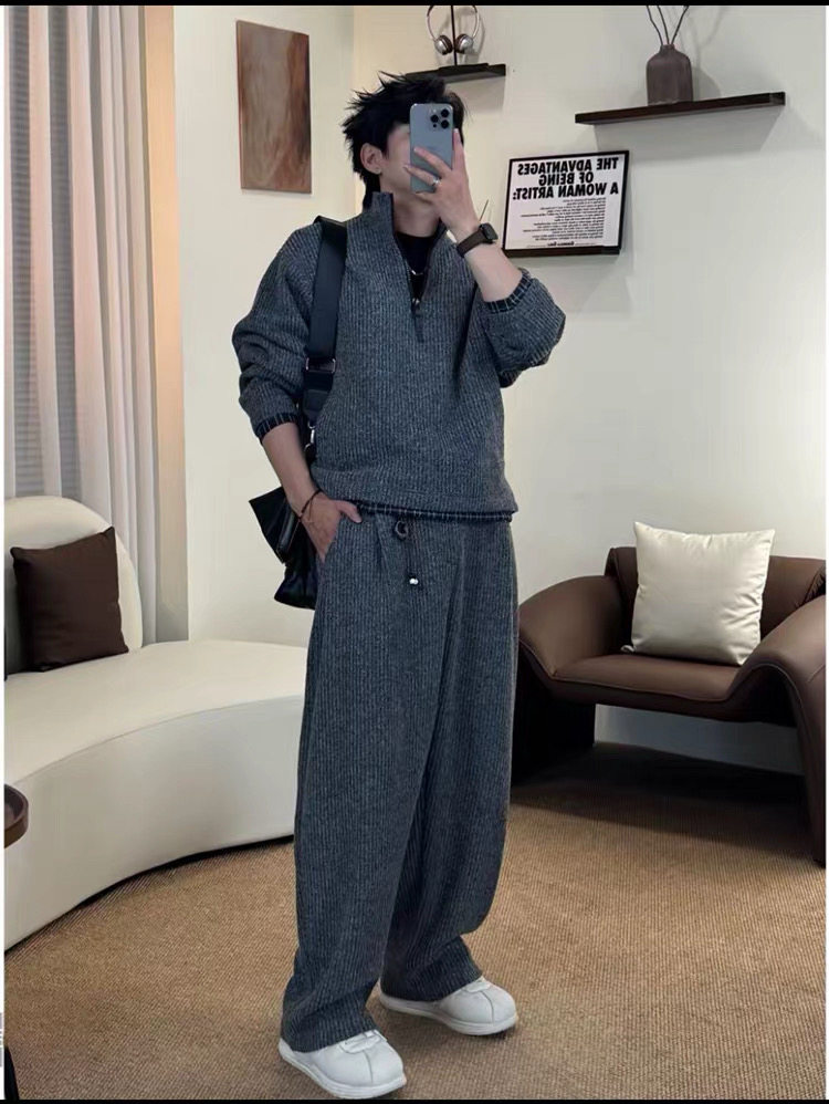 日系复古秋冬假两件拼接半拉链加厚套装宽松休闲卫衣长裤两件套潮