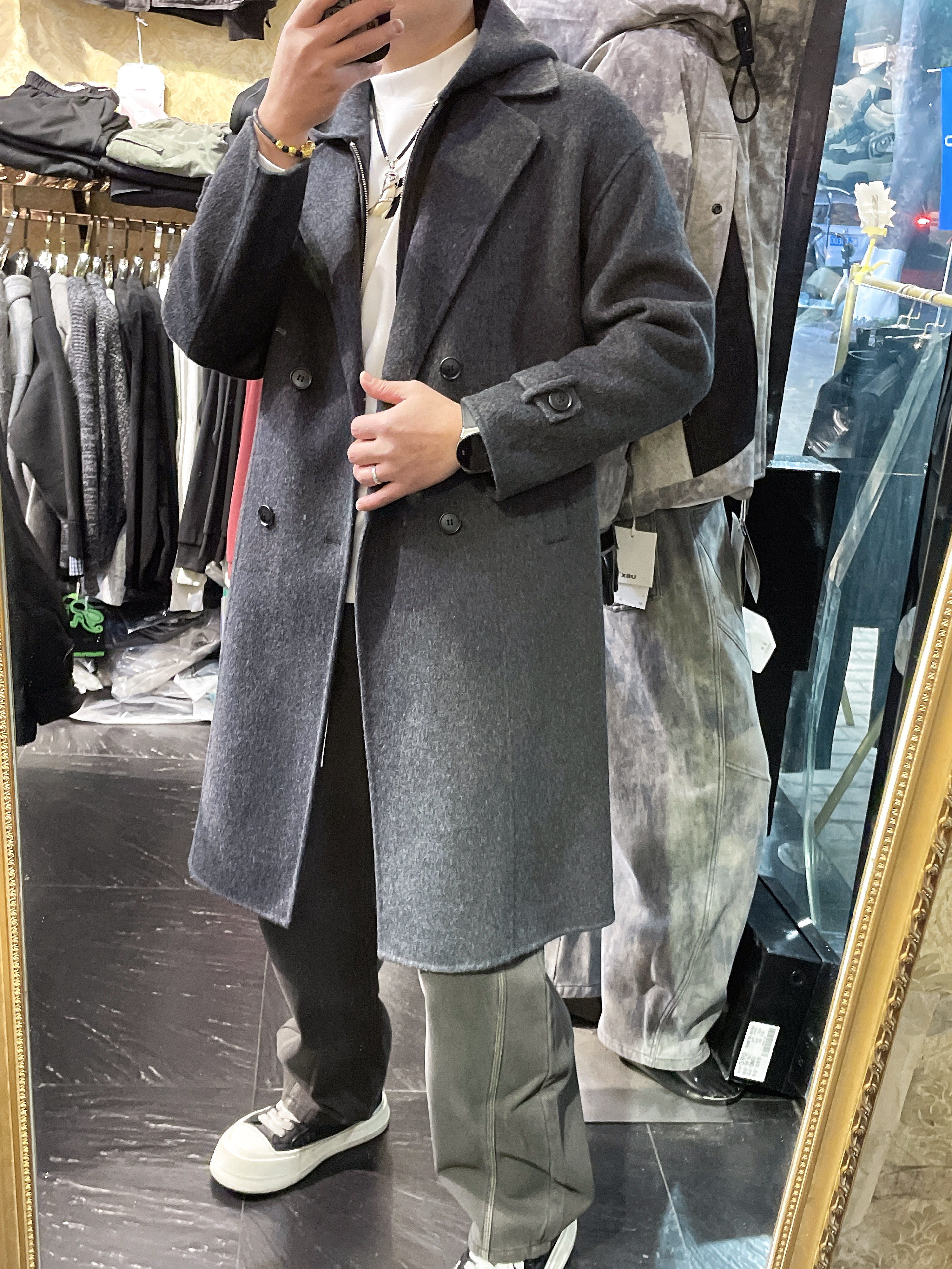 2025假两件可卸帽子长款双面羊毛呢大衣男冬季宽松廓形西装领外套