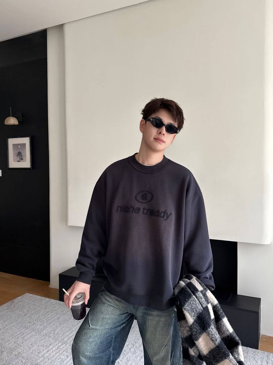 美式加绒加厚纯棉复古植绒刺绣字母卫衣男冬季潮牌宽松做旧打底衫