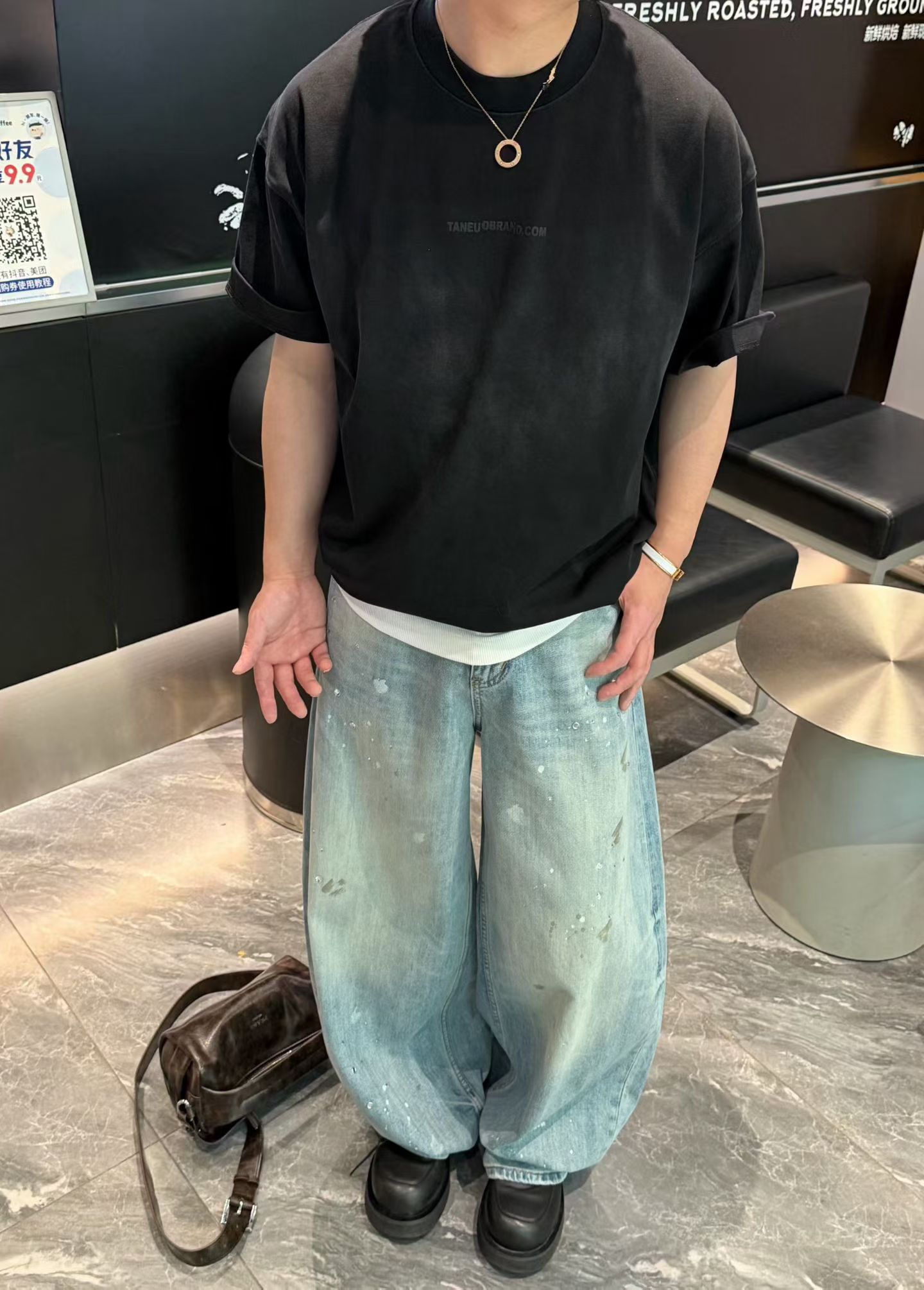 美式休闲水洗做旧重磅纯棉落肩短袖T恤夏季简约立体字母打底半袖t