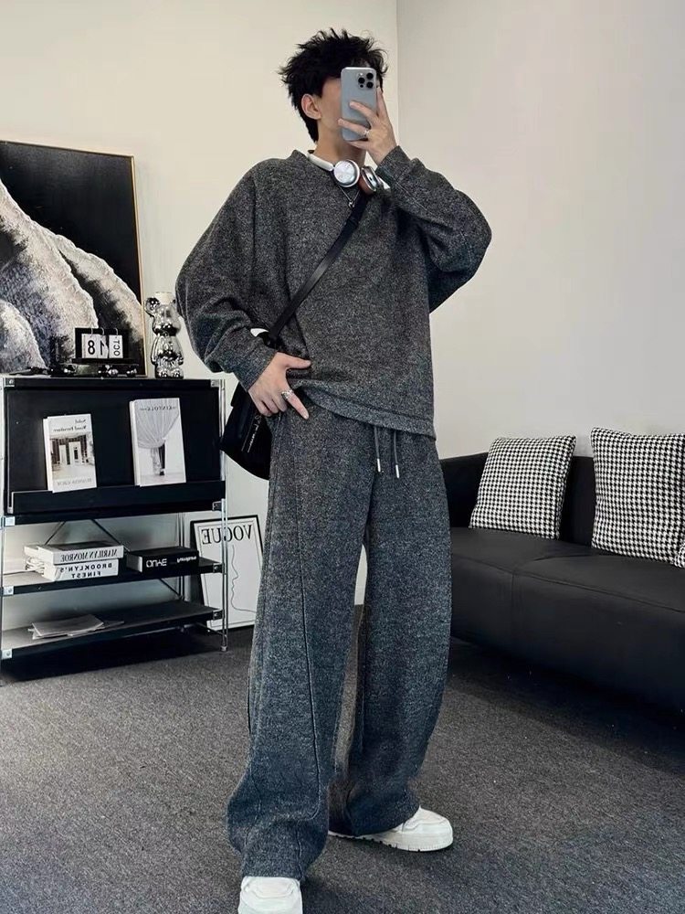 2025冬季新款宽松休闲百搭ins糯米绒加绒半拉链连帽卫衣套装男潮,男装,时尚套装,淘宝优惠券,粉丝福利购,淘宝优惠卷