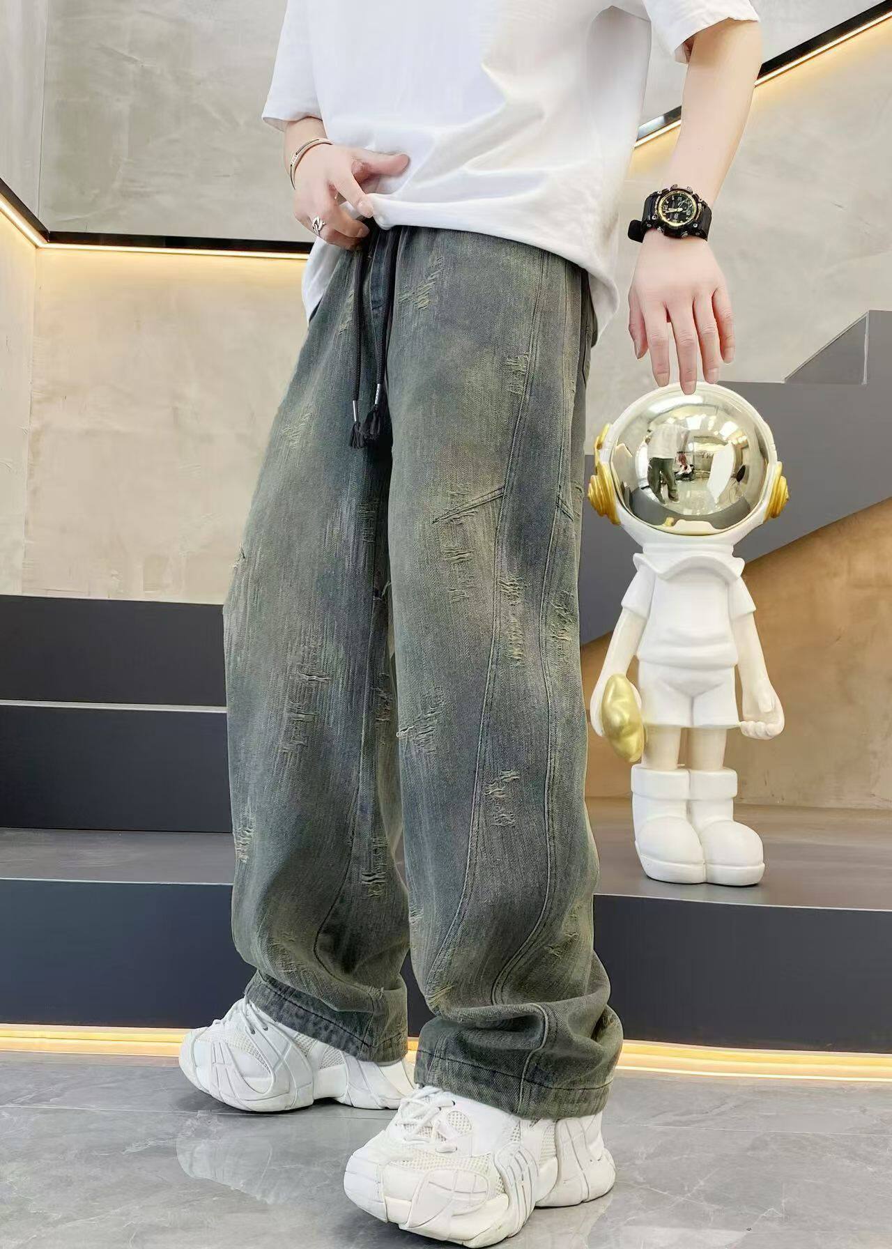 欧货潮牌复古弯刀男士休闲牛仔裤2026夏季个性痞帅弯刀裤阔腿长裤