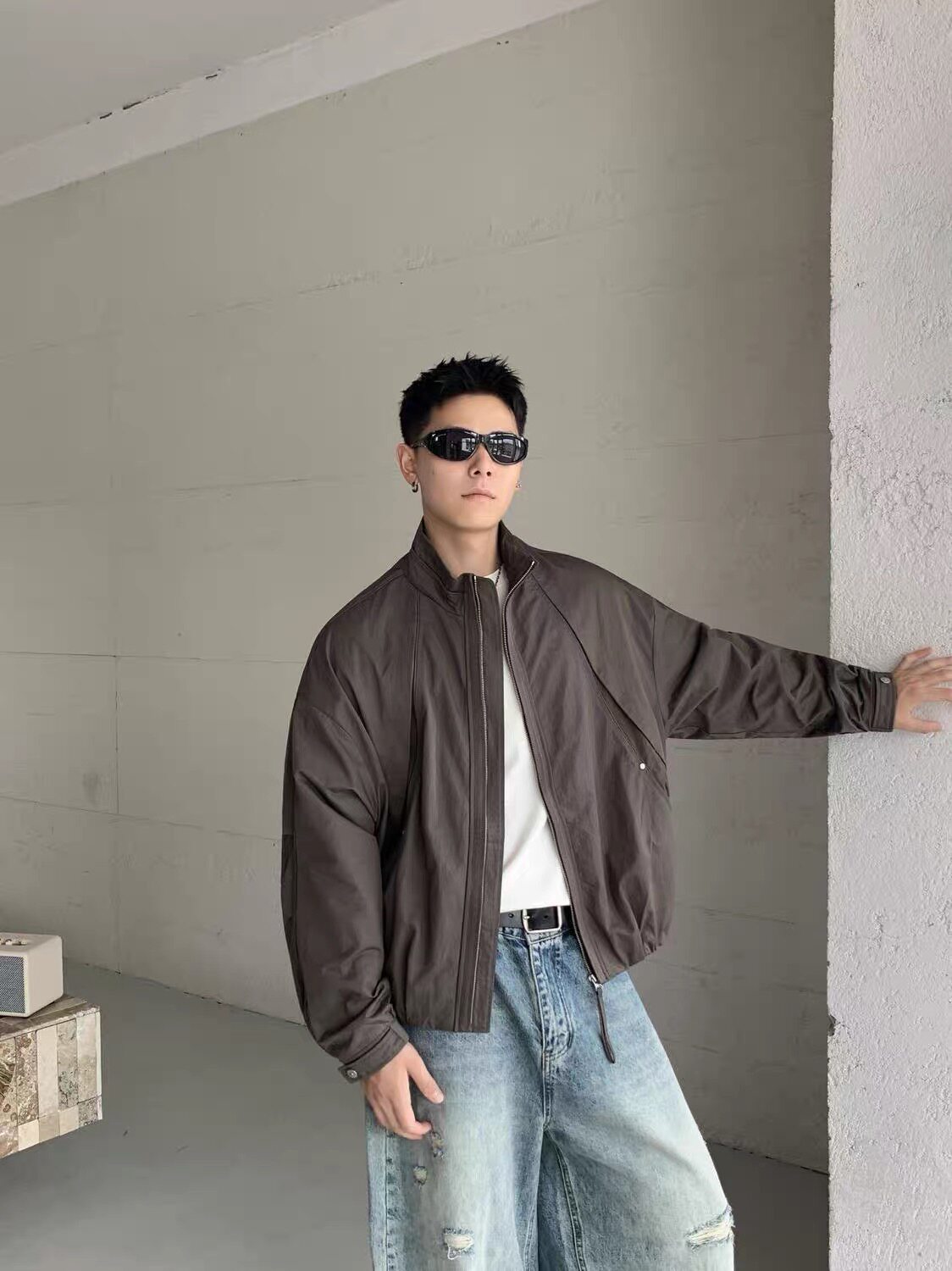 秋季立领裁剪美式港风复古宽松短款蝙蝠袖立领夹克男潮牌休闲外套