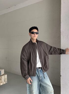 秋季立领裁剪美式港风复古宽松短款蝙蝠袖立领夹克男潮牌休闲外套