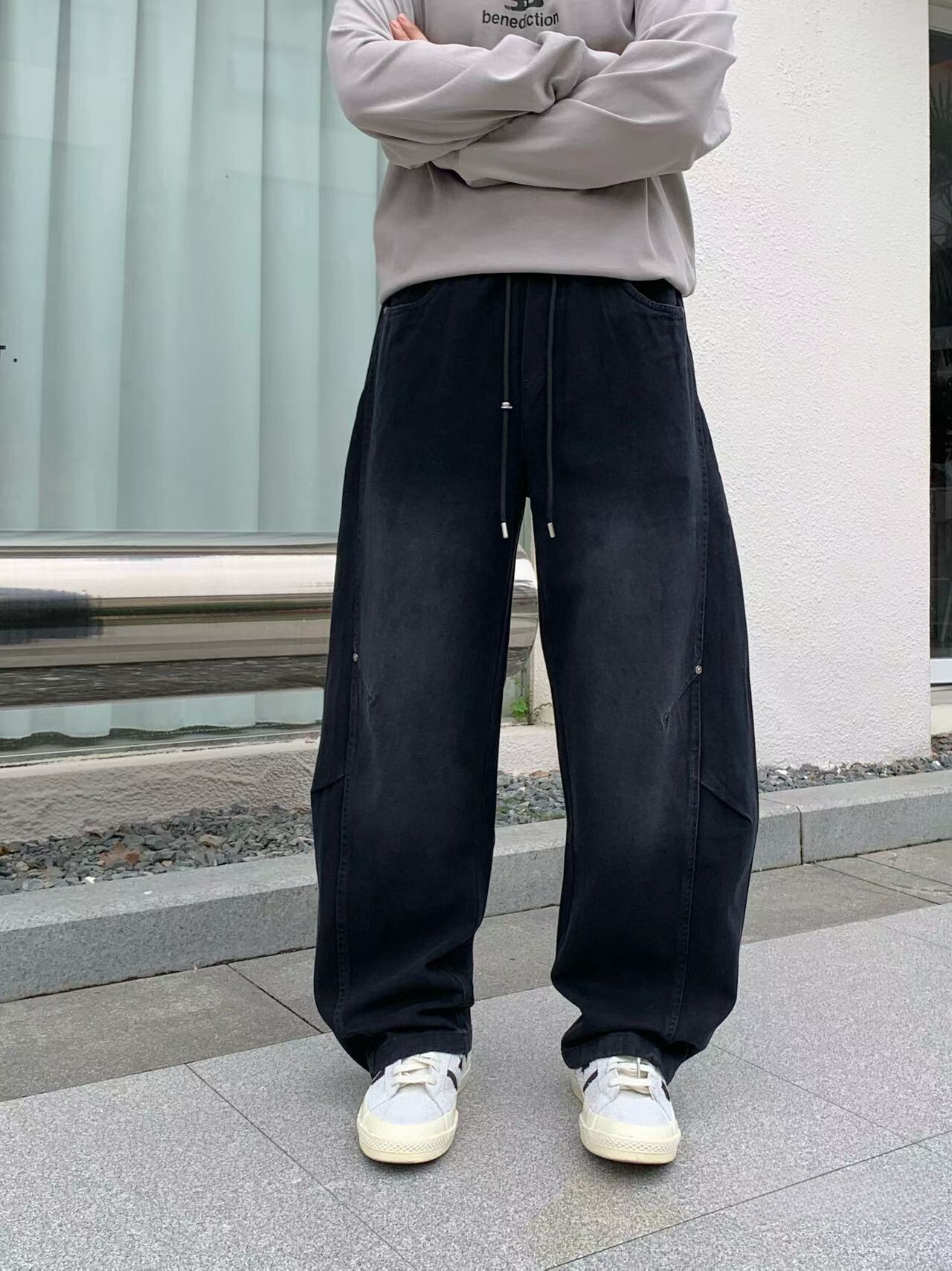 潮牌秋冬时尚个性弯刀休闲裤男复古水洗宽松直筒裤百搭松紧腰男裤
