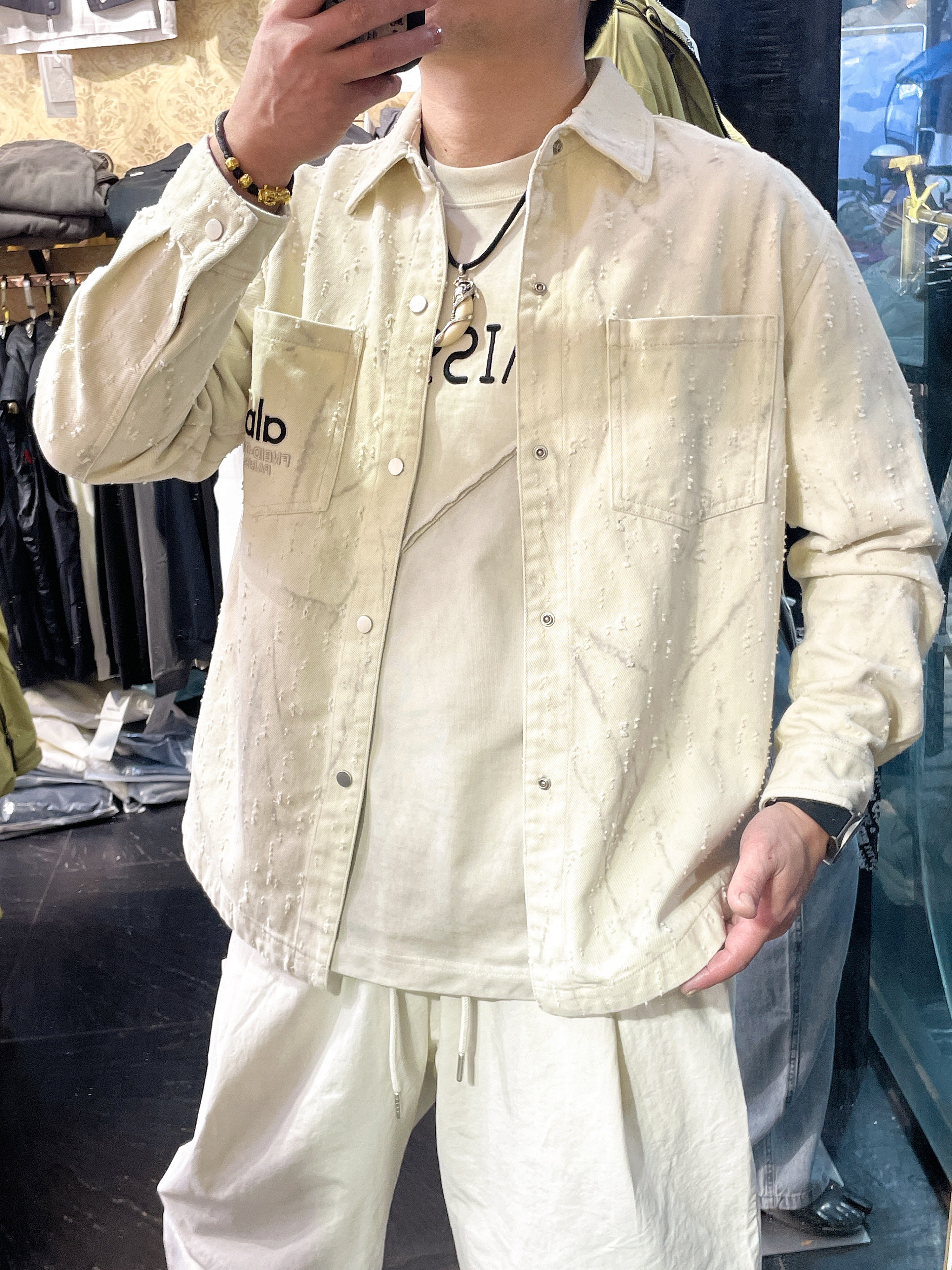 男士休闲美式潮流字母提花磨破翻领牛仔衬衫外套夹克2026春夏新款