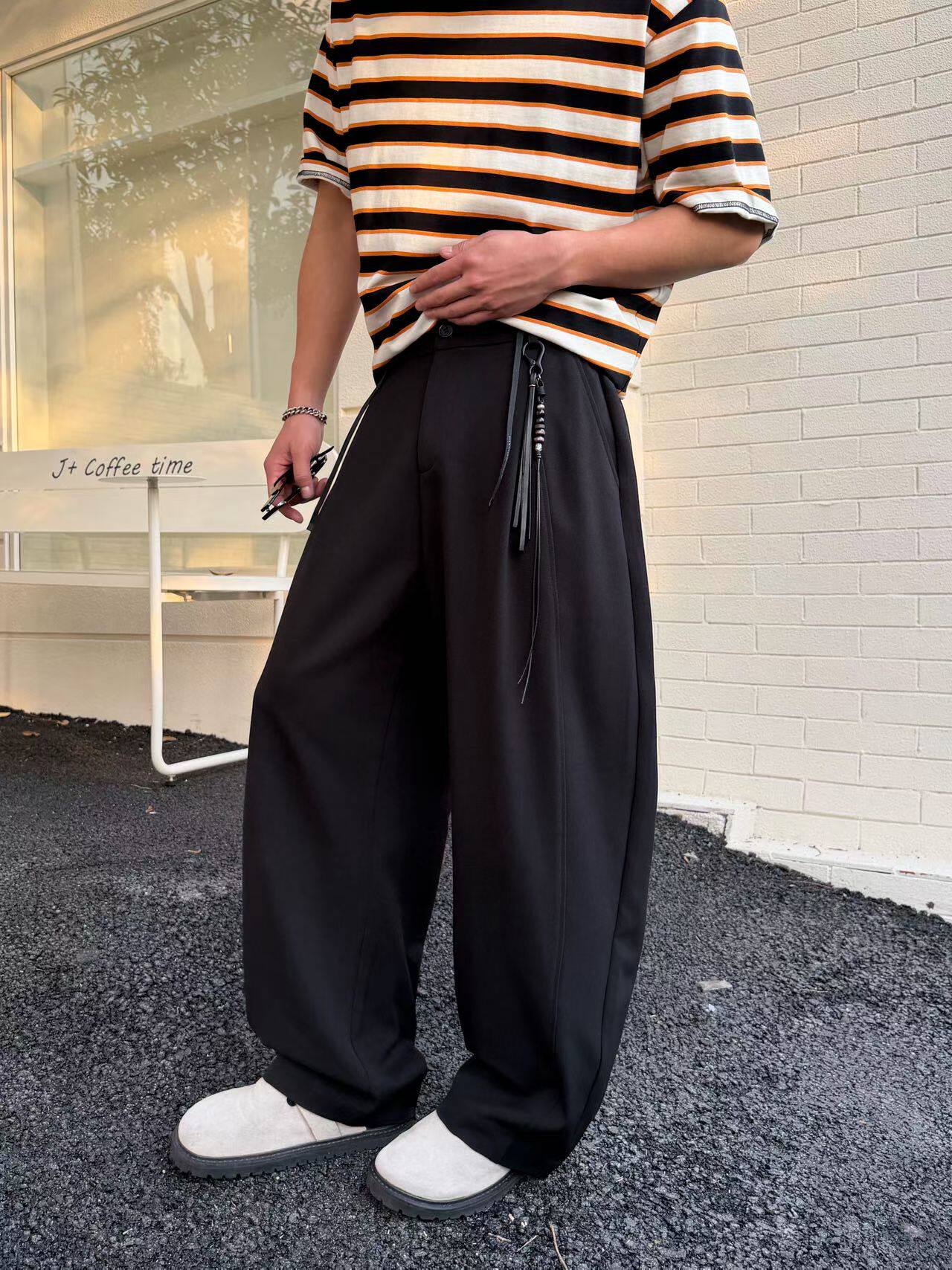 2026春夏薄款褶皱松紧腰围串珠皮条装饰宽松阔腿直筒休闲阔腿西裤