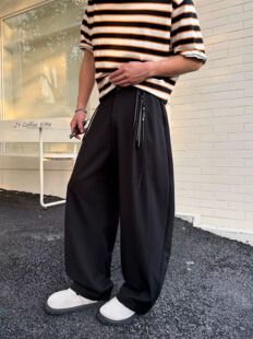 饰宽松阔腿直筒休闲阔腿西裤 2026春夏薄款 褶皱松紧腰围串珠皮条装