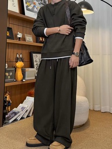 冬季亨利领假两件加绒设计套装宽松休闲时尚潮牌卫衣卫裤两件套