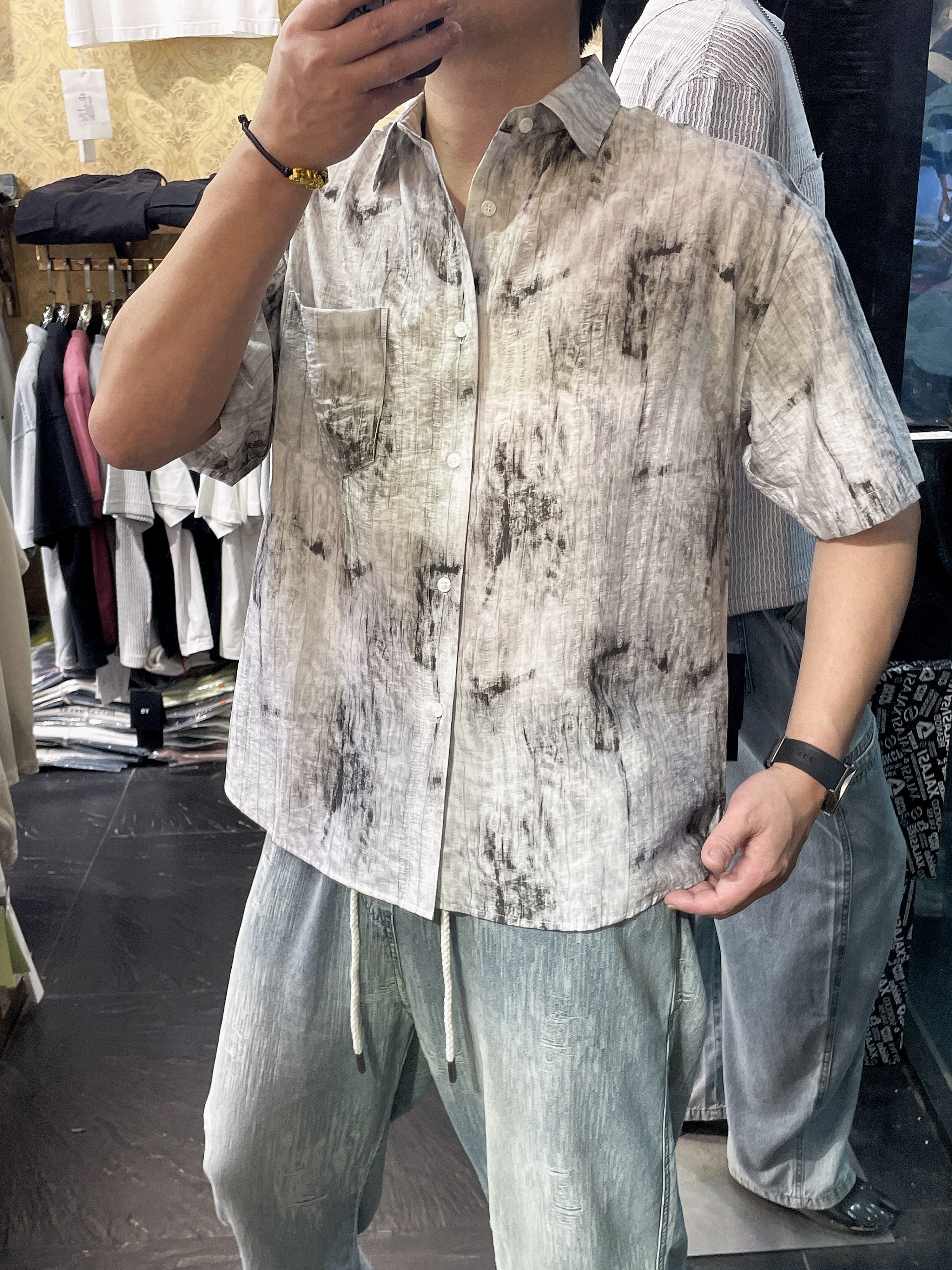夏季莱赛尔水墨扎染印花短袖衬衣男士美式复古宽松时尚冰丝衬衫潮