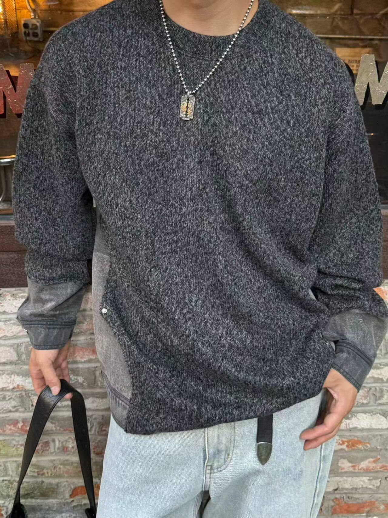 设计感圆领牛仔拼接针织衫卫衣男秋冬长袖不规则下摆撞色宽松上衣