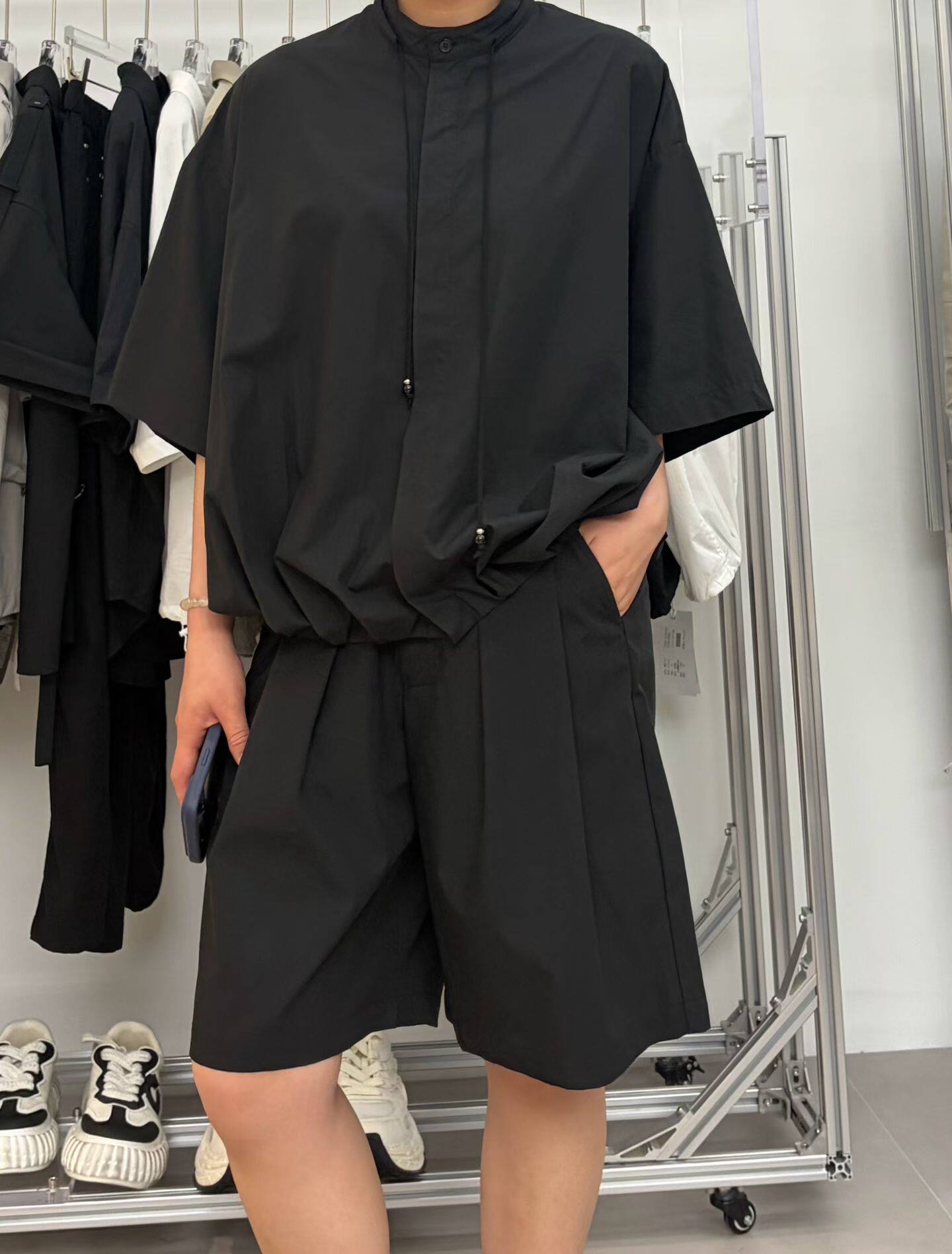 2026夏季老钱风立领压褶纯色衬衫短袖男薄款衬衣半袖短裤两件套潮