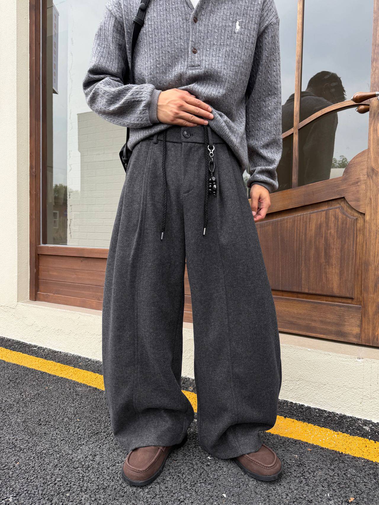 老钱风桑蚕丝羊毛呢复合拉毛垂感阔腿裤男冬季新款宽松百搭休闲裤