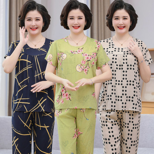2024新款中老年家居服短袖可外穿两件套棉绸套装女妈妈人造棉睡衣
