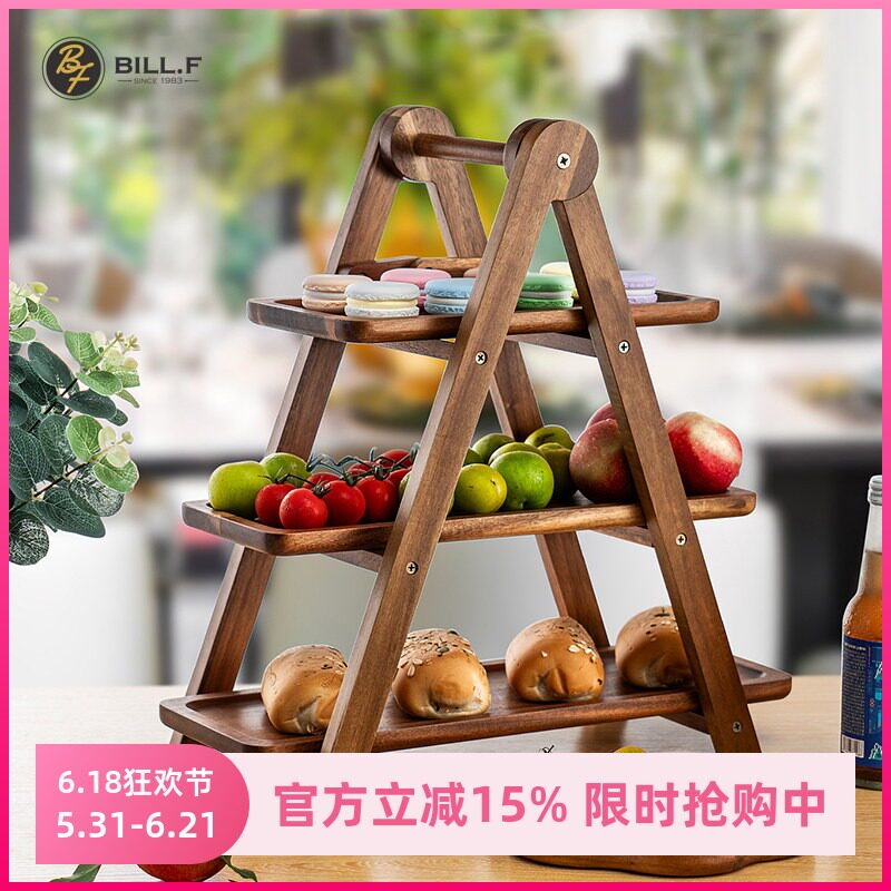Bill.F相思木三层食物点心架子水果托盘户外野炊餐厅折叠收纳携带