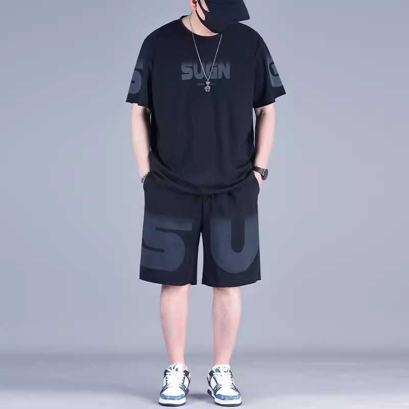 加肥加大宽松型冰丝t恤短袖夏季新款特大码男装潮胖子青少年套装