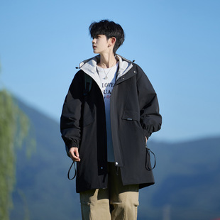 摩朝大码中长款外套男士春秋季新款工装夹克宽松百搭潮牌连帽风衣
