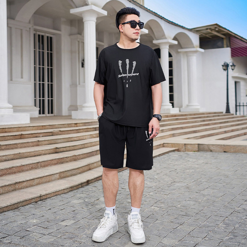 冰丝套装男胖子衣服肥佬加肥加大码运动夏装宽松休闲短袖T恤短裤