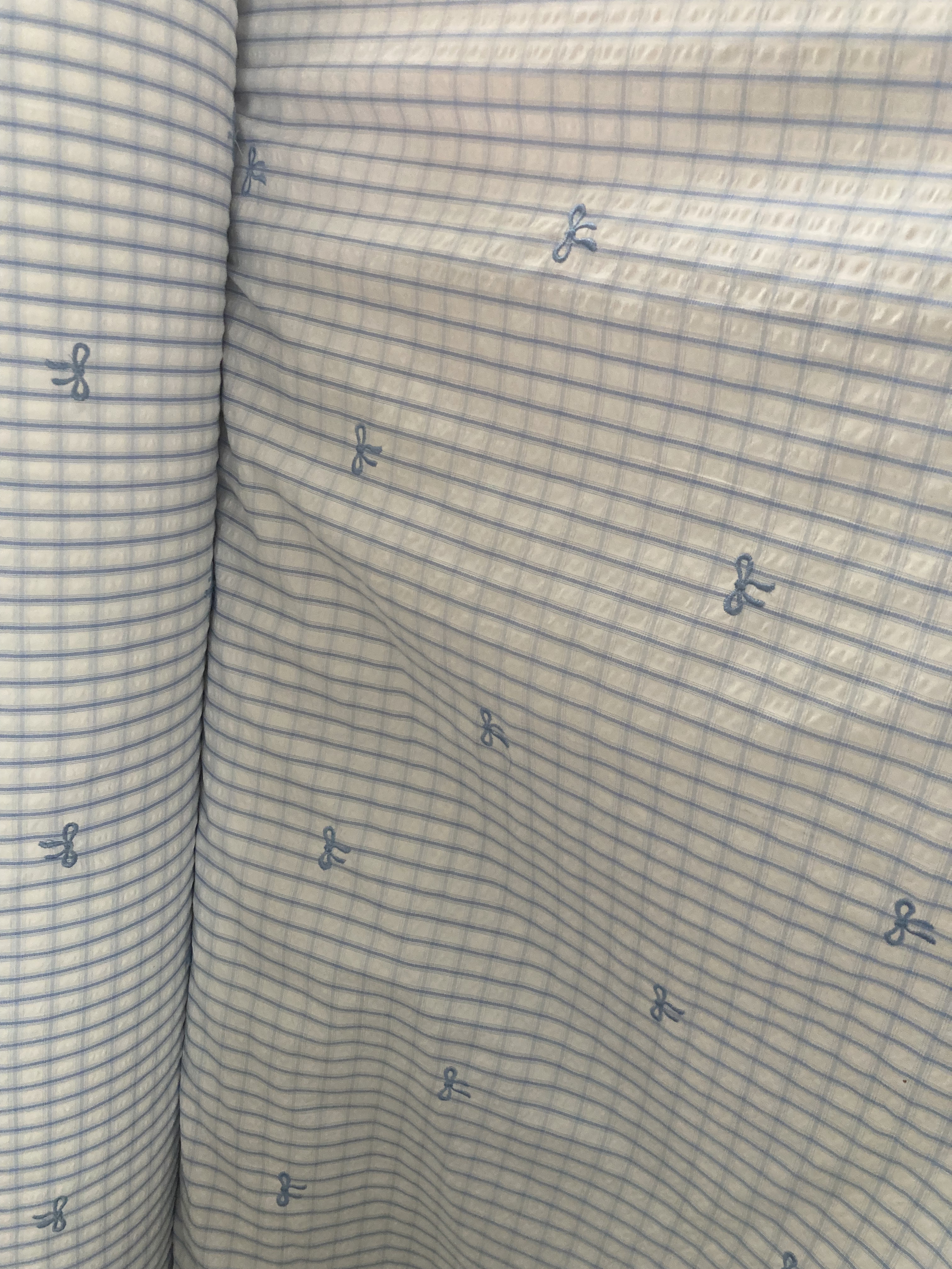 蓝白格子蝴蝶结刺绣棉布料手工diy服装面料做衣服裙子布料