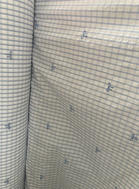 蓝白格子蝴蝶结刺绣棉布料手工diy服装面料做衣服裙子布料