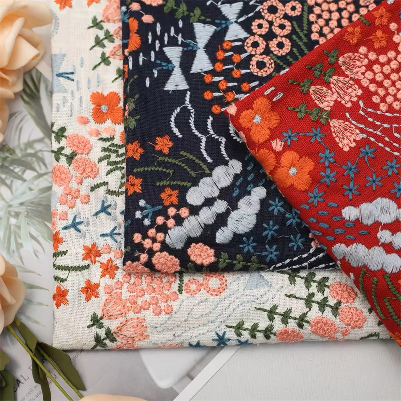 手工ins风榆口美子花海刺绣布料竹节棉麻DIY手工包包桌布