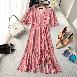 245580轻奢南油高端欧洲站高货女装气质夏加长款V领五分袖连衣裙