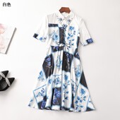 408248南油高端欧洲站高货女装 重工洋气翻领短袖 印花钉珠连衣裙