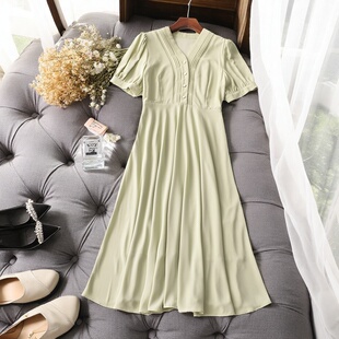 242392超值精品女装 连衣裙 清货洋气纯色大女主气质夏长裙V领短袖