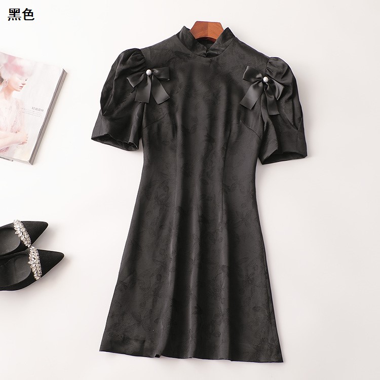 243579品质贼好南油原创更高货轻奢高级人丝秋长款立领短袖连衣裙