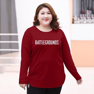 新款 200斤加肥纯棉长袖 打底衫 中年妈妈装 T恤女 上衣大码 2020秋冬季