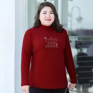 加肥加大德绒镶钻胖妈妈260斤半高领打底衫 内搭胖M 女秋冬百搭修身