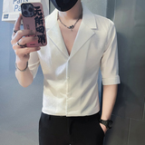 社会小伙店主风无头西装领夏装暗花高级感潮男士中袖衬衫A212-P58，男装西服套装，电商B372
