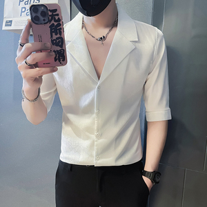 社会小伙店主风无头西装领夏装暗花高级感潮男士中袖衬衫A212-P58图片