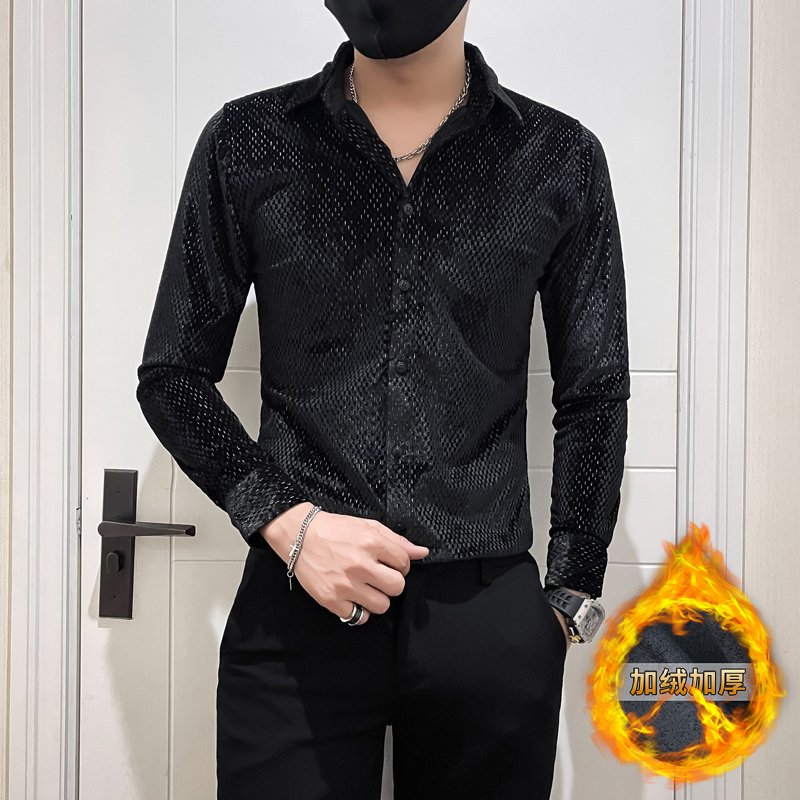 加厚金丝绒社会小伙店主风轻熟风商务风男士长袖衬衫A229加绒-P75,男装衬衫,电商B372
