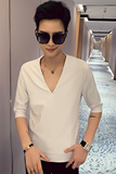 2025夏季新款潮男士中袖T恤休闲短袖V领纯色体恤七分袖AT28-P45，男装T恤，电商B372