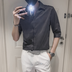 2025夏装轻奢潮流男士七分袖衬衫社会小伙7分中袖衬衣A75-P50,27岁男士穿衣搭配休闲图片