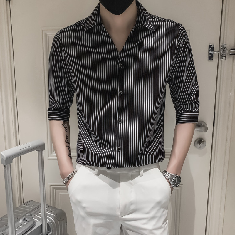 2025夏装轻奢潮流男士七分袖衬衫社会小伙7分中袖衬衣A75-P50,男装衬衫,电商B372