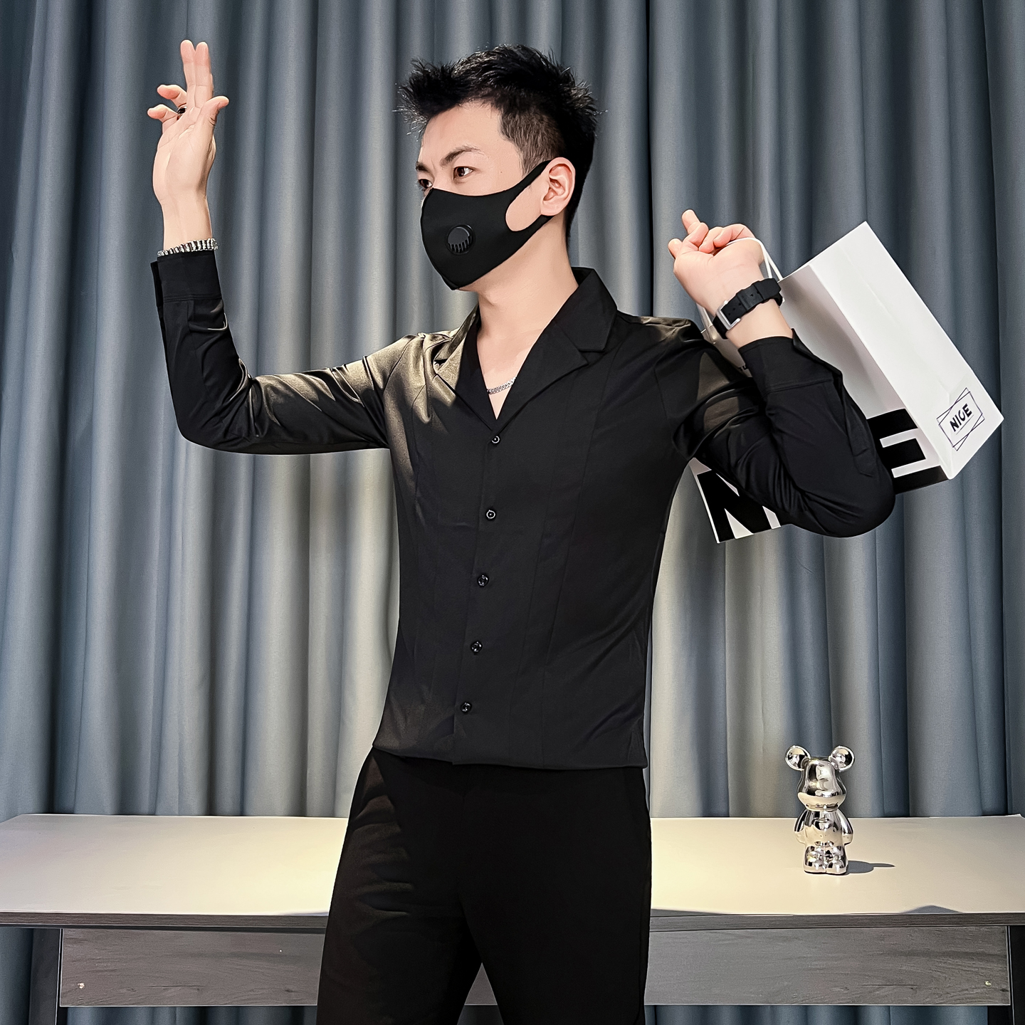 2025秋冬新款社会小伙西装领高级感修身潮男士长袖衬衫A02-P55，男装西服套装，电商B372