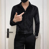 韩绒烫银丝闪亮轻奢小香风高级感男士长袖衬衫黑色A229-P65，男装衬衫，电商B372