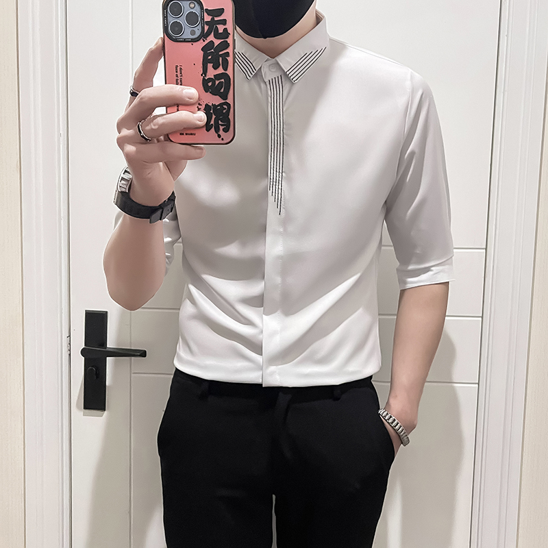 2024夏装新款高级感刺绣衬衫男痞帅七分袖衬衣潮流修身A161-P55，男装衬衫，电商B372