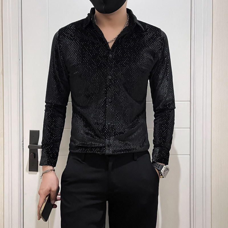 韩绒烫银丝闪亮轻奢小香风高级感男士长袖衬衫  黑色A229-P65图片
