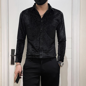 韩绒烫银丝闪亮轻奢小香风高级感男士长袖衬衫  黑色A229-P65图片