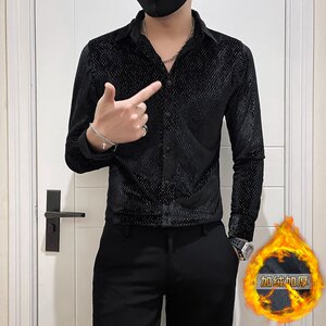 加厚金丝绒社会小伙店主风轻熟风商务风男士长袖衬衫A229加绒-P75，男装衬衫，电商B372