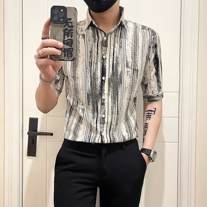 社会小伙店主风无头风2025夏装新款潮男士七分袖衬衫A253-P58控78,男装衬衫,电商B372