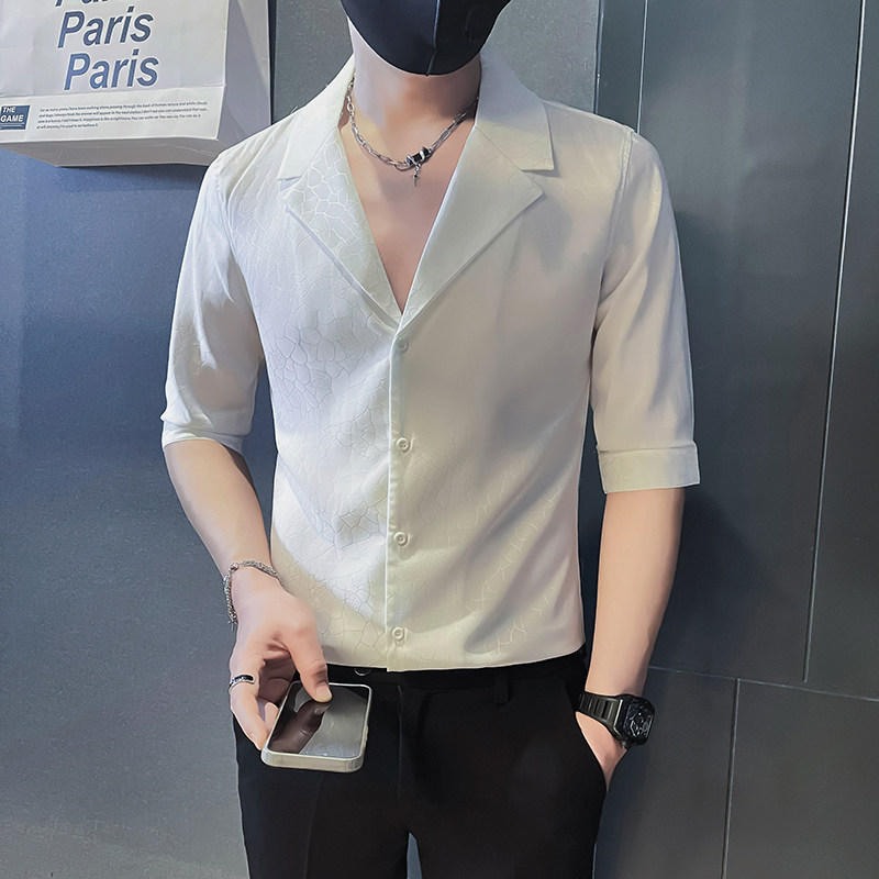 社会小伙店主风无头西装领夏装暗花高级感潮男士中袖衬衫A212-P58,男装西服套装,电商B372