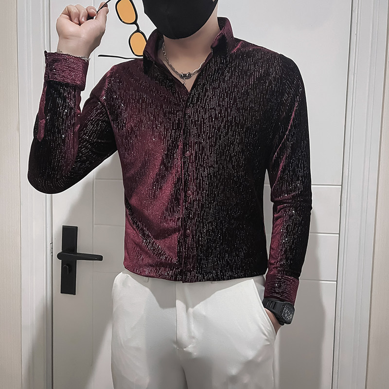 满天星烫钻韩绒长袖衬衫秋天潮男士痞帅炸街寸衫HF307-特P60,男装衬衫,电商B372